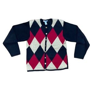 Vintage 90s Black/Red/Gold Argyle Sweater with Shoulder Pads Size:Small